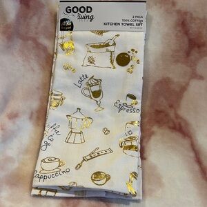 Good Living Coffee Time Kitchen Towel Set of 2 NWT Gold metalic accents Cotton